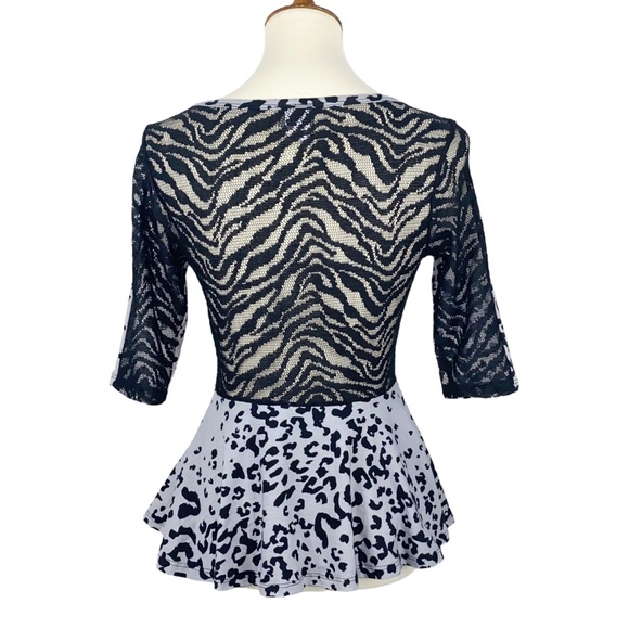 M NEW Dots Gray Black Leopard Print Half Sleeve Mesh Lace Back Peplum Tee Top - Picture 3 of 7